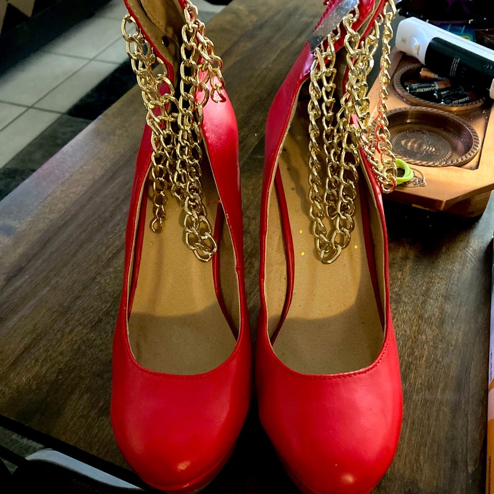 Red leather wedges